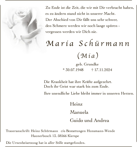 Traueranzeige von Maria Schürmann von WA