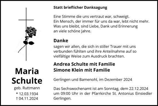 Traueranzeige von Maria Schulte von WA