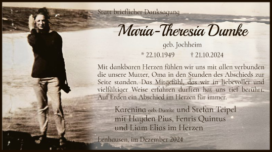 Traueranzeige von Maria-Theresia Dumke von WA