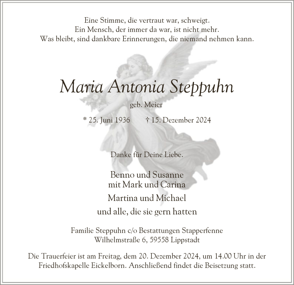  Traueranzeige für Maria Antonia Steppuhn vom 17.12.2024 aus WA