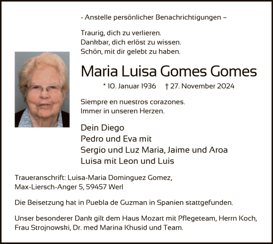 Traueranzeige von Maria Luisa Gomes Gomes von WA