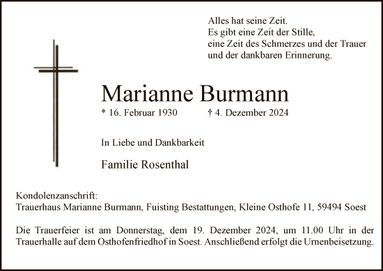 Traueranzeige von Marianne Burmann von WA