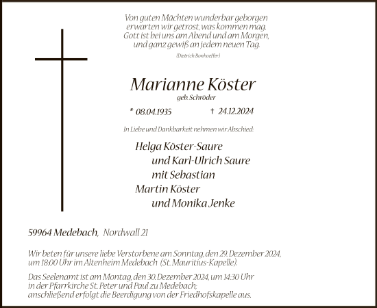 Traueranzeige von Marianne Köster von WA