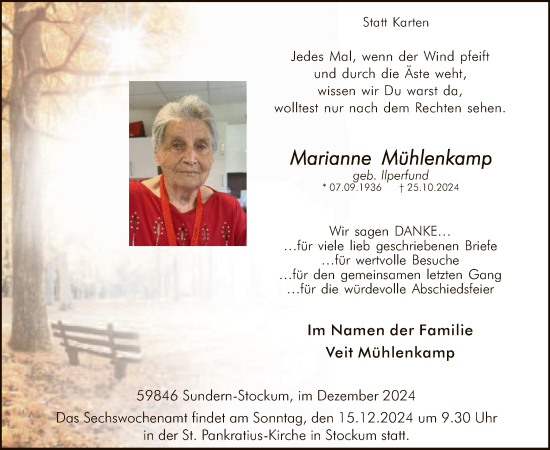 Traueranzeige von Marianne Mühlenkamp von WA