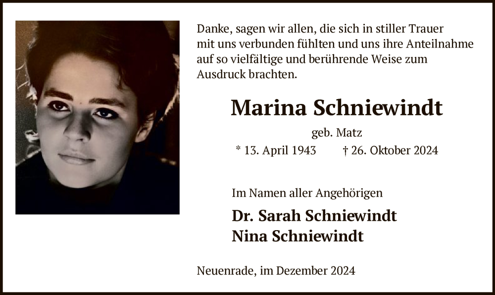  Traueranzeige für Marina Schniewindt vom 28.12.2024 aus WA