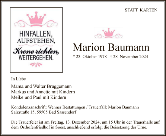 Traueranzeige von Marion Baumann von WA