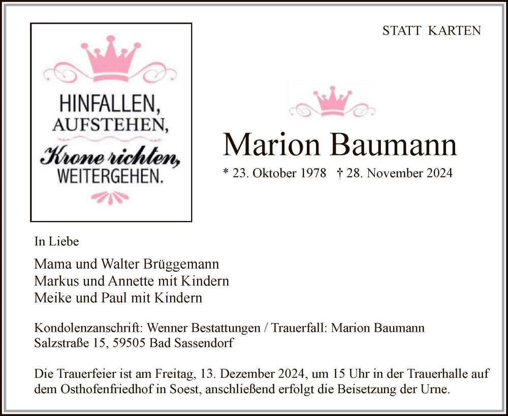  Traueranzeige für Marion Baumann vom 10.12.2024 aus WA