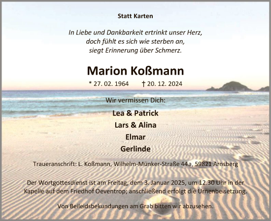 Traueranzeige von Marion Koßmann von WA