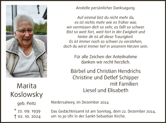 Traueranzeige von Marita Koslowsky von WA