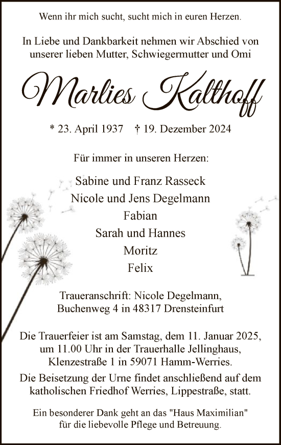 Traueranzeige von Marlies Kalthoff von WA