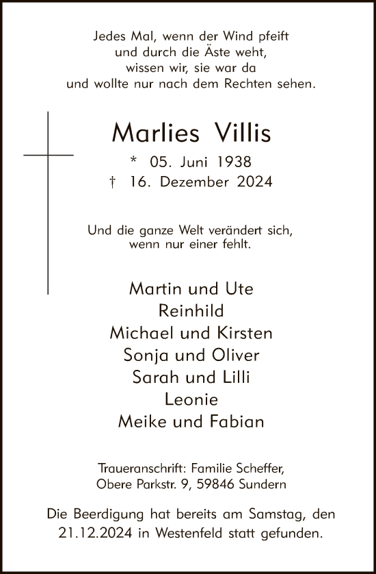 Traueranzeige von Marlies Villis von WA