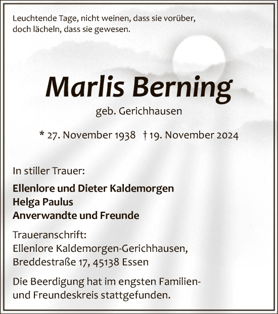 Traueranzeige von Marlis Berning von WA