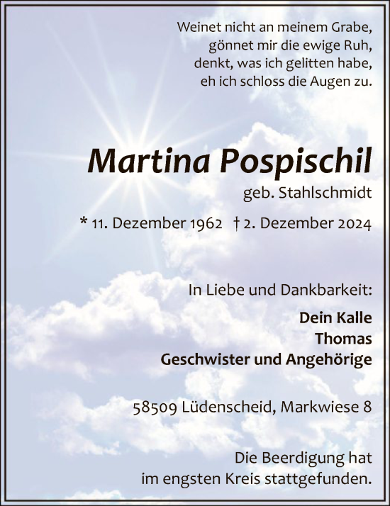 Traueranzeige von Martina Pospischil von WA
