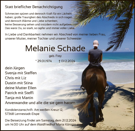 Traueranzeige von Melanie Schade von WA