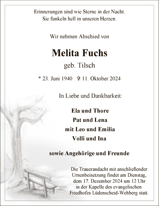 Traueranzeige von Melita Fuchs von WA
