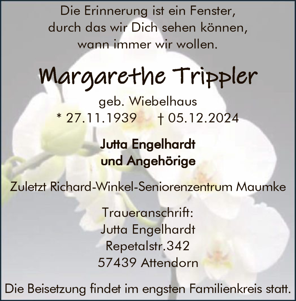  Traueranzeige für MMargarethe Trippler vom 14.12.2024 aus WA