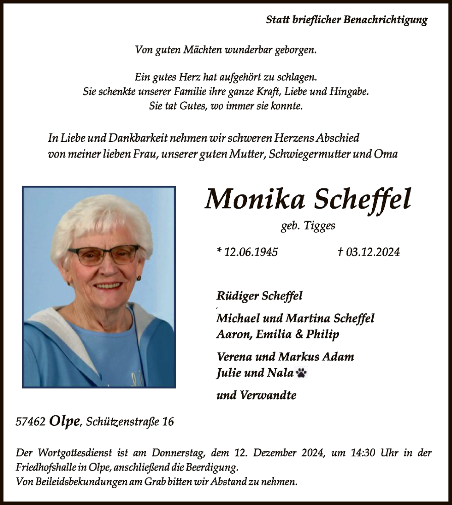  Traueranzeige für Monika Scheffel vom 07.12.2024 aus WA