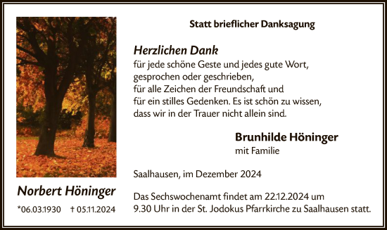 Traueranzeige von Norbert Höninger von WA