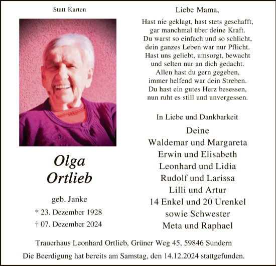 Traueranzeige von Olga Ortlieb von WA