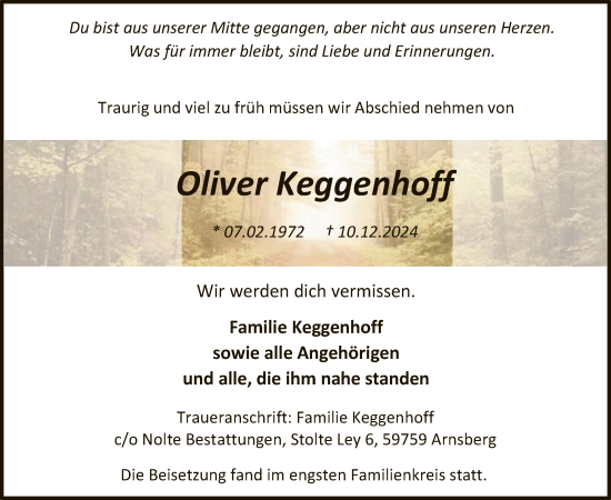 Traueranzeige von Oliver Keggenhoff von WA