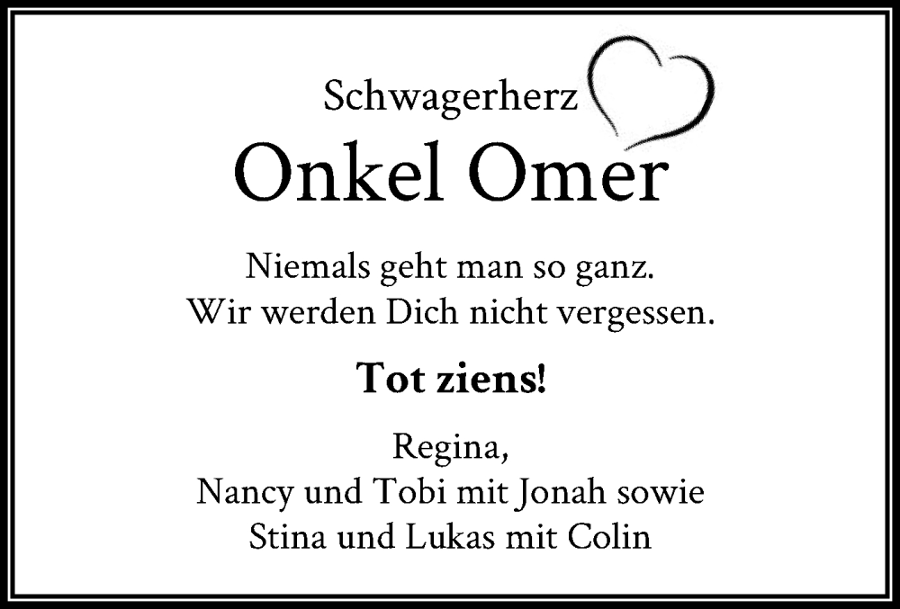  Traueranzeige für Omer  vom 07.12.2024 aus WA