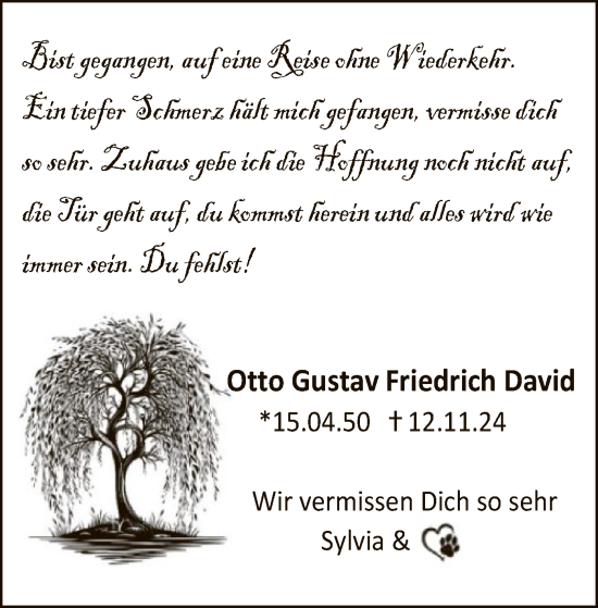 Traueranzeige von Otto Gustav Friedrich David von WA