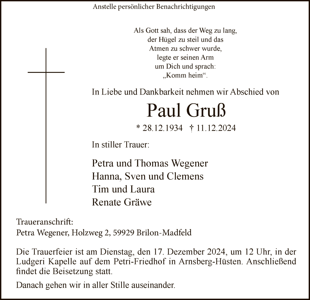  Traueranzeige für Paul Gruß vom 14.12.2024 aus WA