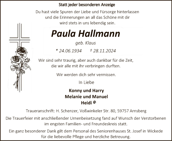 Traueranzeige von Paula Hallmann von WA