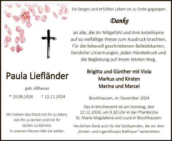 Traueranzeige von Paula Liefländer von WA
