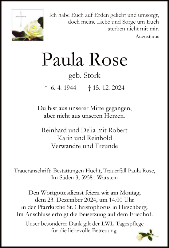 Traueranzeige von Paula Rose von WA