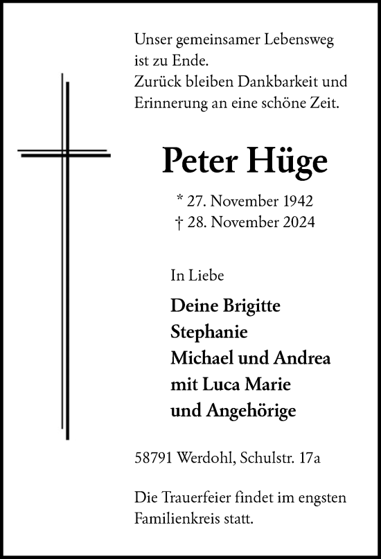 Traueranzeige von Peter Hüge von WA