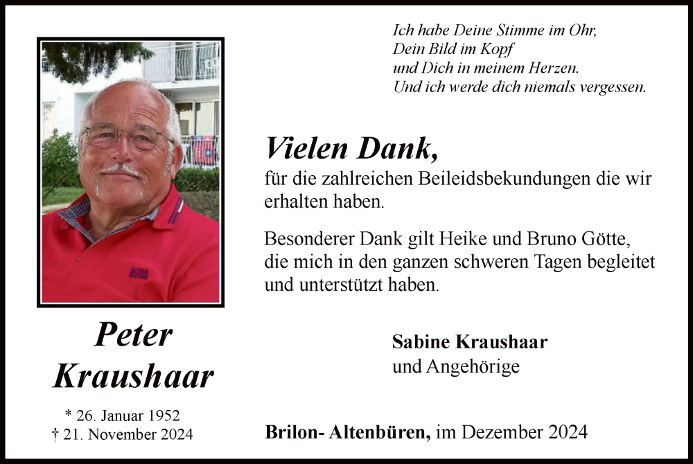  Traueranzeige für Peter Kraushaar vom 21.12.2024 aus WA