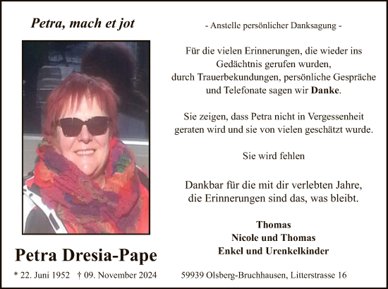 Traueranzeige von Petra Dresia-Pape von WA