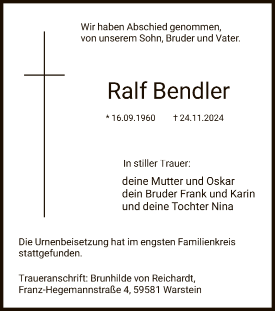 Traueranzeige von Ralf Bendler von WA