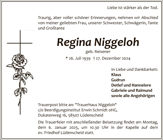 Traueranzeige von Regina Niggeloh von WA