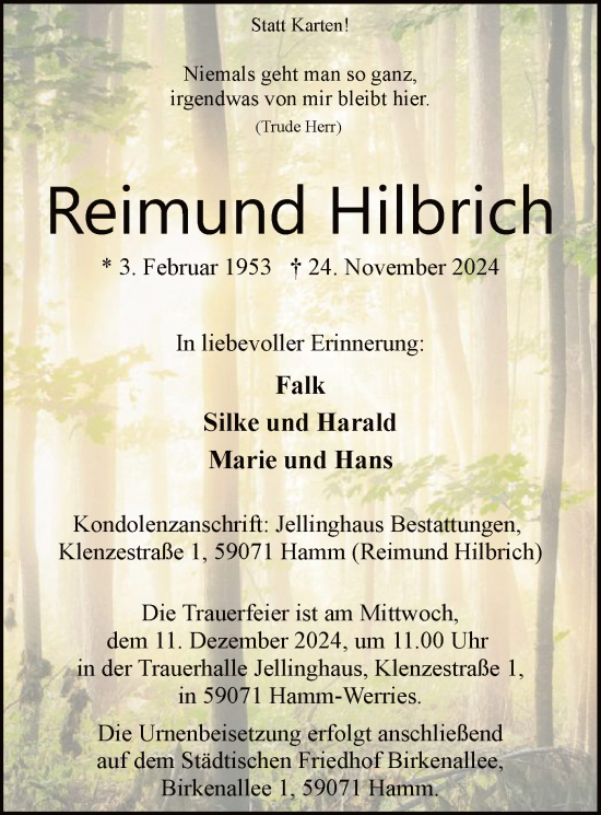 Traueranzeige von Reimund Hilbrich von WA