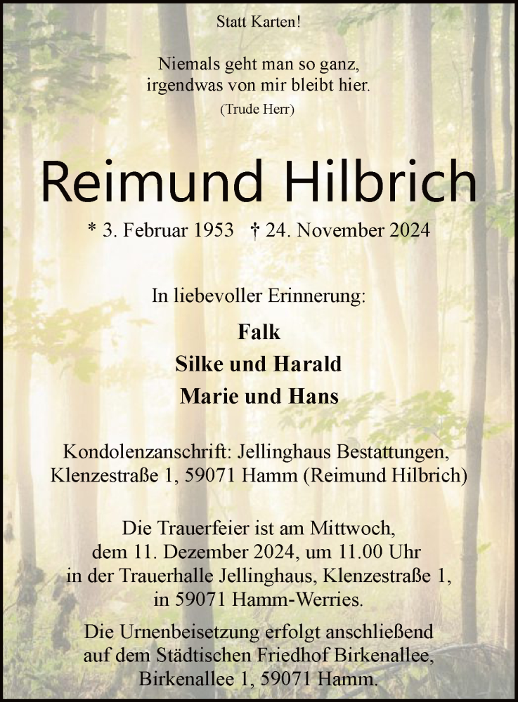  Traueranzeige für Reimund Hilbrich vom 07.12.2024 aus WA