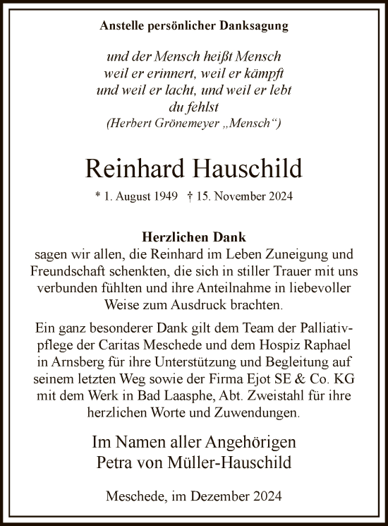 Traueranzeige von Reinhard Hauschild von WA