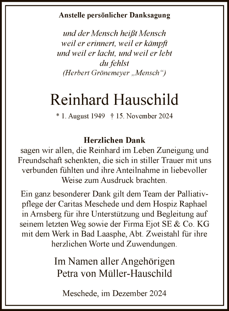  Traueranzeige für Reinhard Hauschild vom 21.12.2024 aus WA