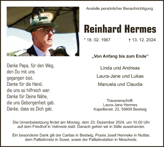 Traueranzeige von Reinhard Hermes von WA