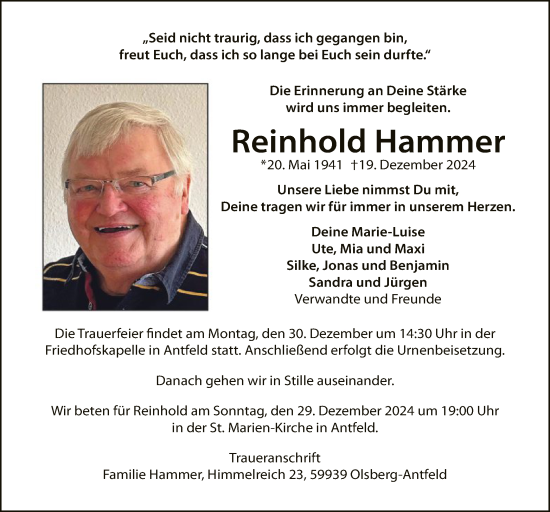 Traueranzeige von Reinhold Hammer von WA