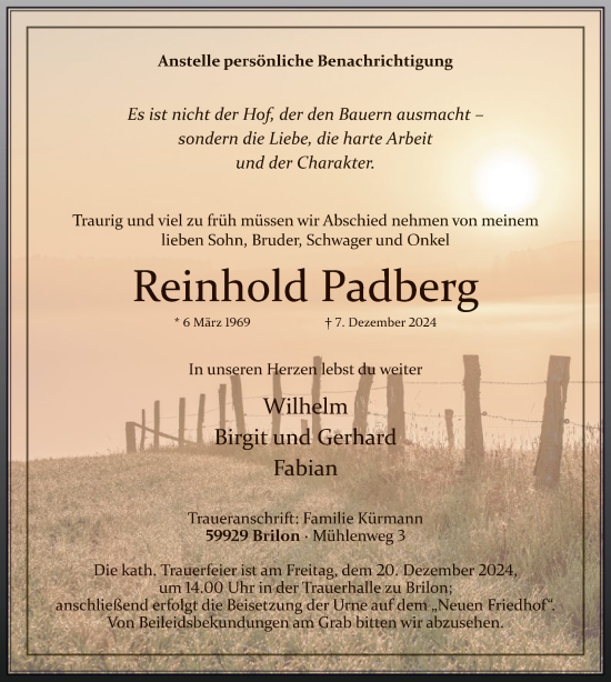 Traueranzeige von Reinhold Padberg von WA