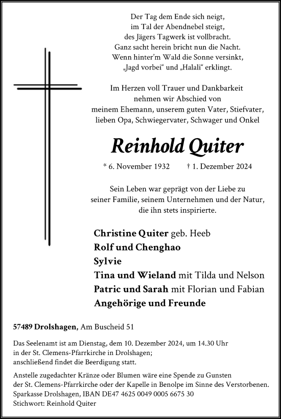 Traueranzeige von Reinhold Quiter von WA