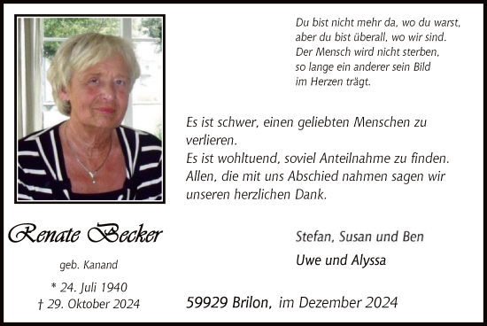 Traueranzeige von Renate Becker von WA