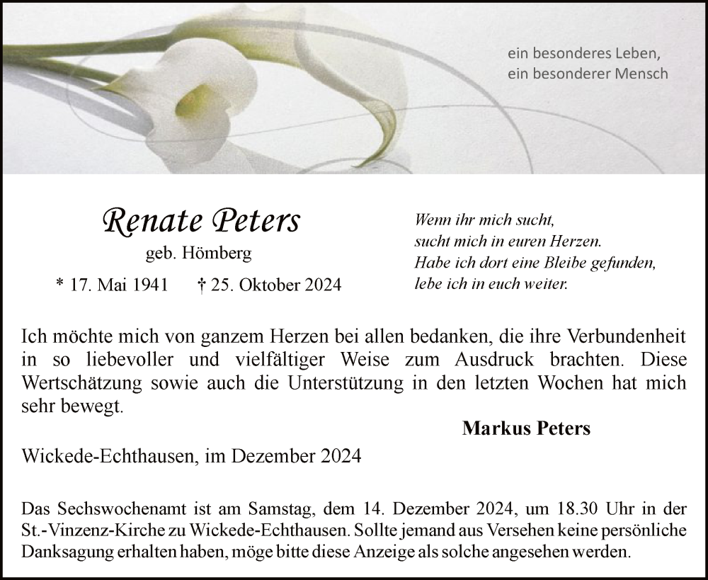  Traueranzeige für Renate Peters vom 07.12.2024 aus WA