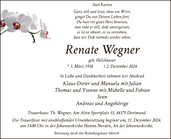 Traueranzeige von Renate Wegner von WA
