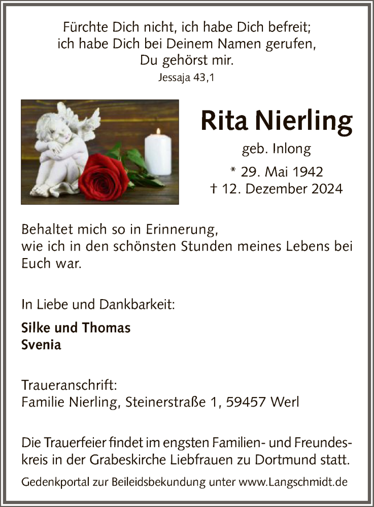  Traueranzeige für Rita Nierling vom 20.12.2024 aus WA
