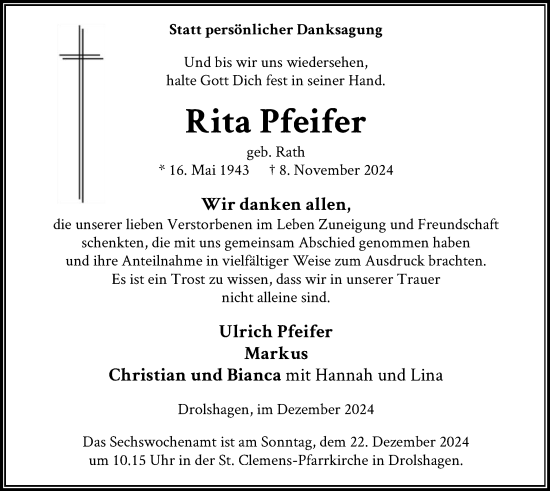 Traueranzeige von Rita Pfeifer von WA