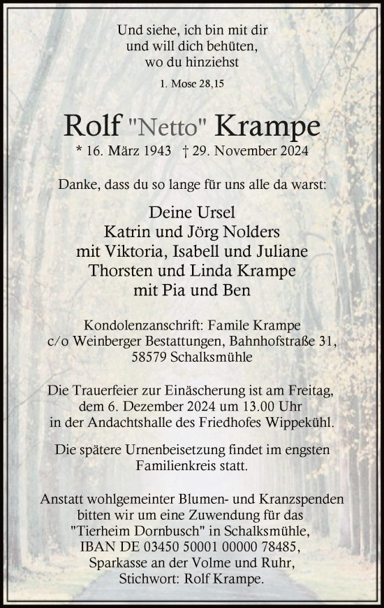 Traueranzeige von Rolf Krampe von WA