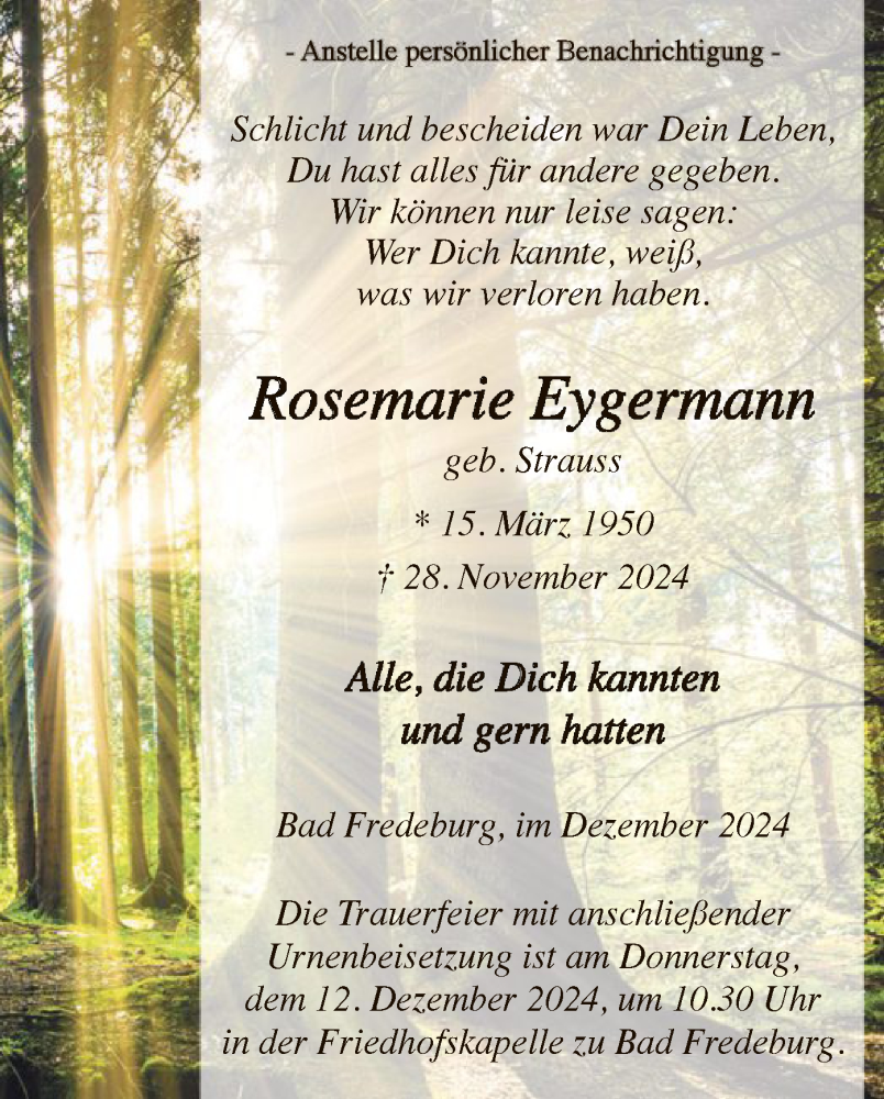  Traueranzeige für Rosemarie Eygermann vom 07.12.2024 aus WA